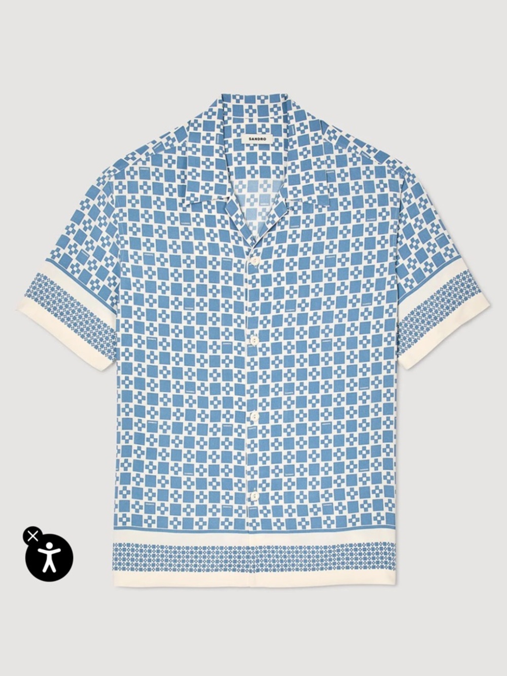 Men’s Sandro Blue Square Cross Motif Flowing Shirt Size Large